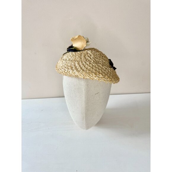 Vintage Raffia Straw Black Velvet Ribbon Yellow Faux Flower Juliet Hat - Picture 4 of 15